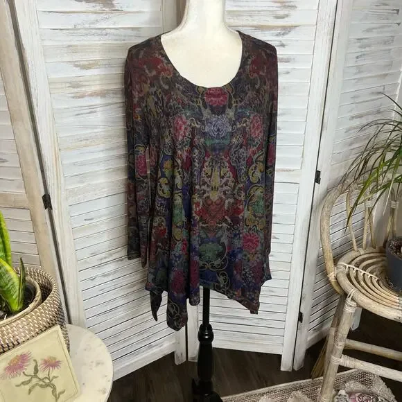 SOFT SURROUNDINGS Women's Pet L Poppy Feild Printed Dark Floral Tunic Top - Picture 4 of 16